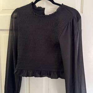 Altar'd State Black Smocked Blouse with Sheer Sleeves